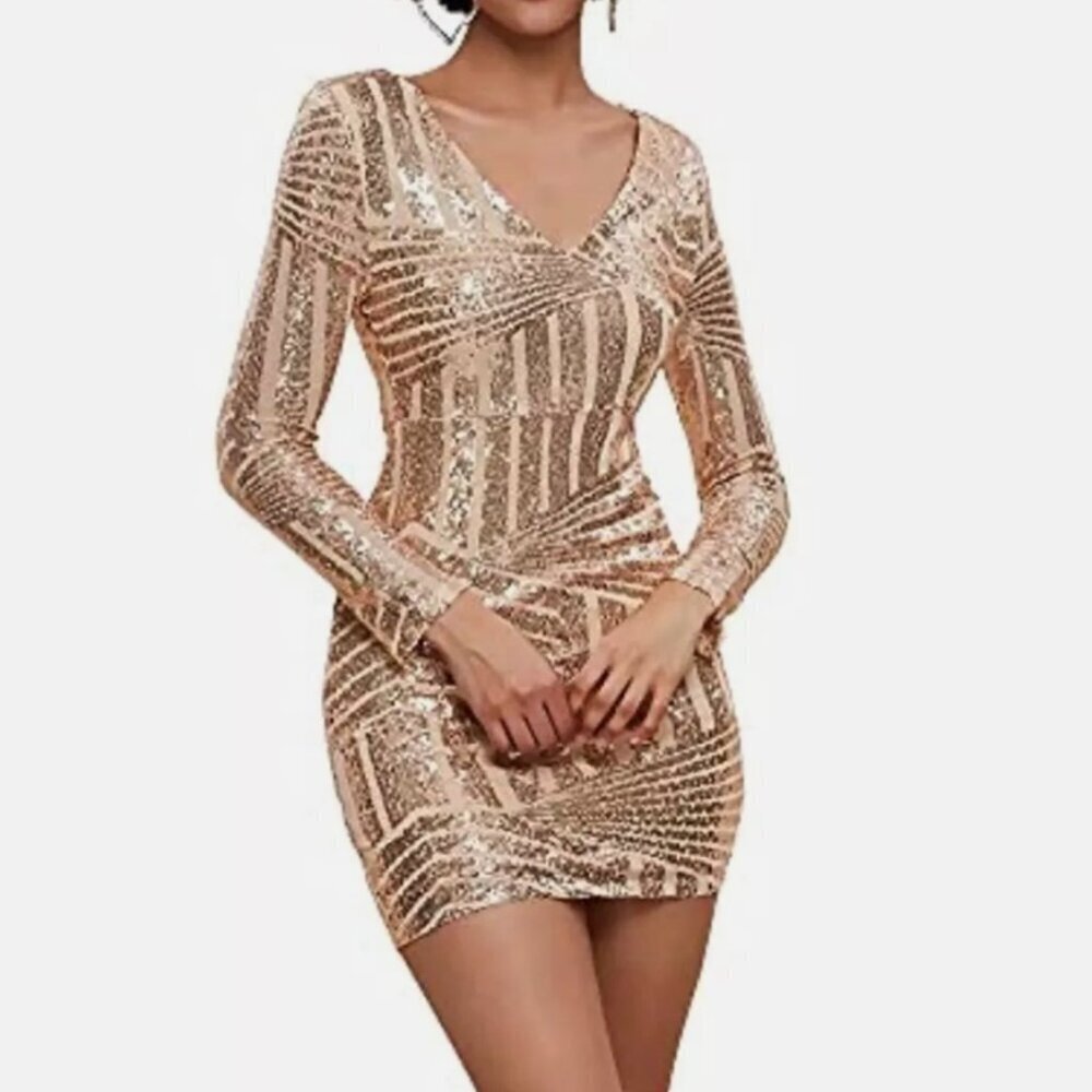 Gold Cocktail Dress Sequin Long Sleeve Mini Club Party Holiday Small